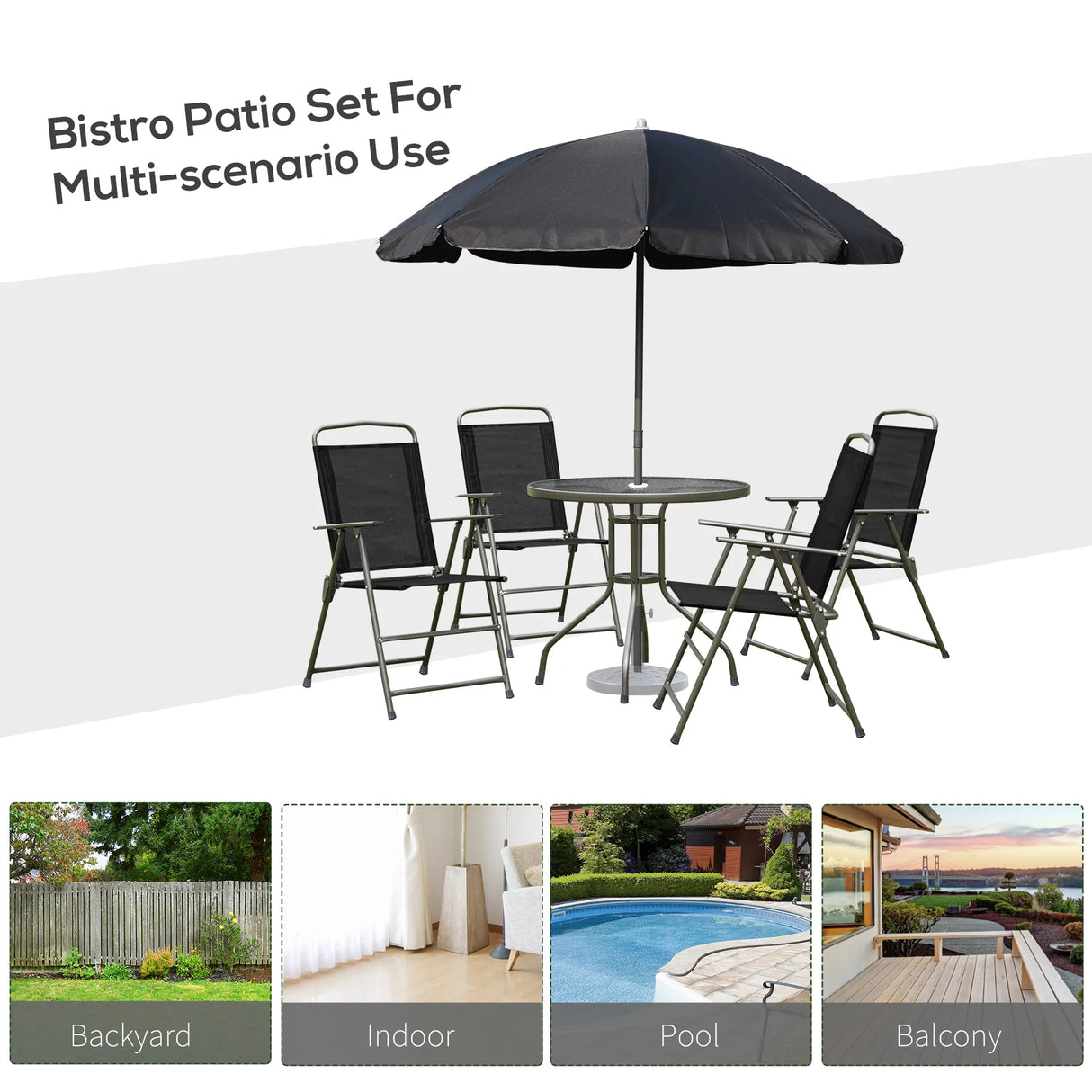 Outsunny 6 Piece Garden Dining Set with Umbrella, Patio Sets with Parasol with 4 Folding Dining Chairs & Round Tempered Glass Table, Black