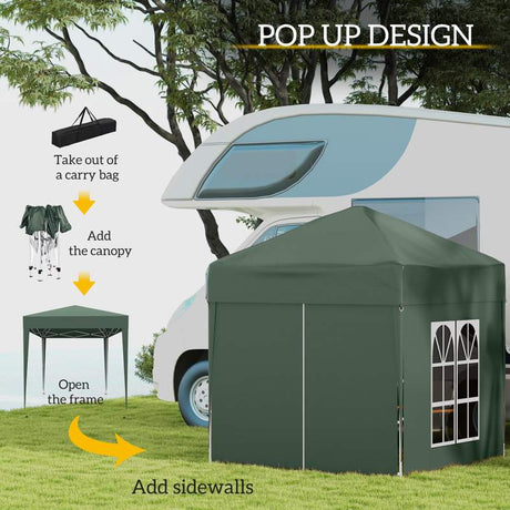 Outsunny 2 x 2 m Garden Pop Up Gazebo, Wedding Party Tent Marquee, Water Resistant Awning Canopy with Sidewalls, Windows, Carry Bag, Green