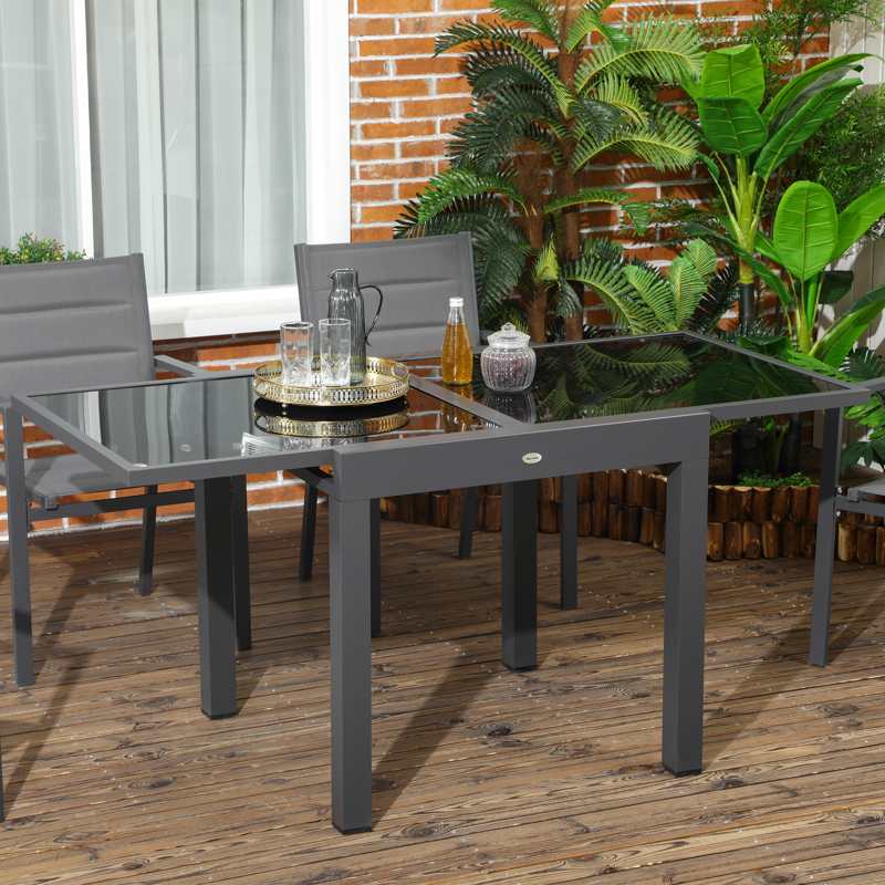 Outsunny Extending Garden Table, Outdoor Dining Table with Aluminium Frame and Tempered Glass Tabletop, 80/160 x 80 x 75 cm, Black