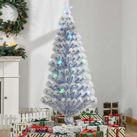 HOMCOM 5FT Artificial Fibre Optic Christmas Tree Seasonal Decoration w/ LED Lights Pre-Lit Easy Store White Blue