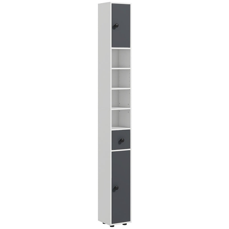 kleankin 180cm Slim Bathroom Cabinet, with Drawer, Shelves and Cupboards - Grey