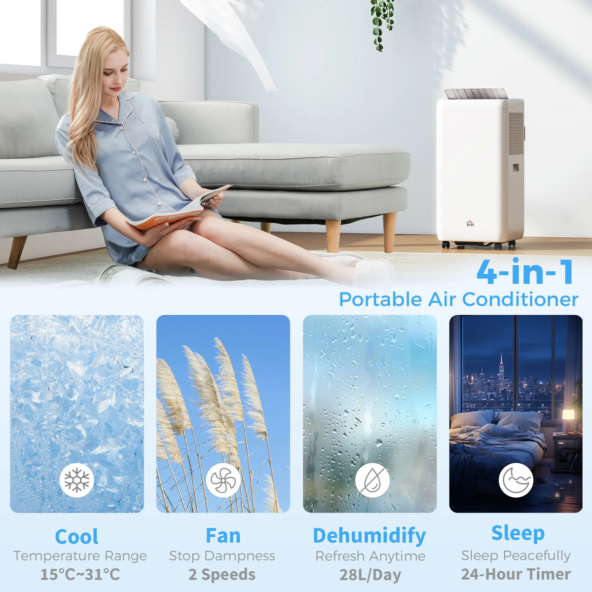 HOMCOM 12,000 BTU 5-in-1 Mobile Air Conditioner, 35m2 Radius - White