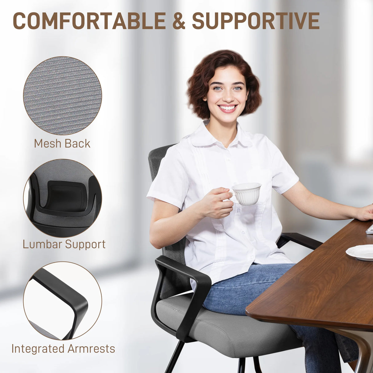 HOMCOM Desk Chair No Wheels, Office Chair with Mesh Back, Lumbar Support, Metal Base for Waiting Room, Conference Room, Dark Grey