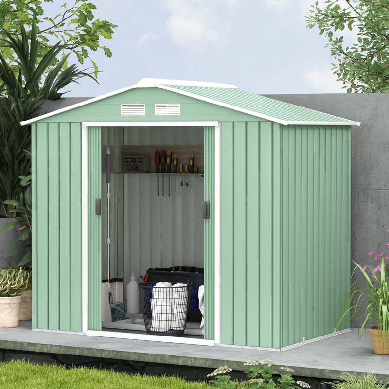 Outsunny 7 x 4ft Metal Garden Shed, Outdoor Storage Tool House with Ventilation Slots, Foundation Kit and Lockable Double Doors, Light Green