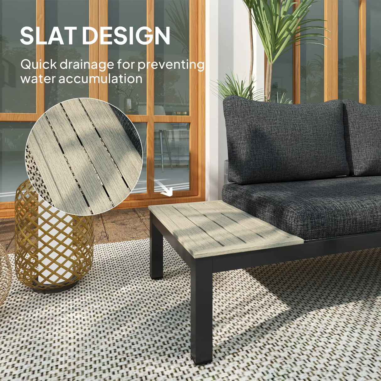 Outsunny 3 Pieces Garden Furniture Set, Aluminium 4 Seater Corner Sofa Set with 2 Loveseats, Coffee Table and Side Trays, Outdoor Conversation Furniture with Cushions for Garden, Dark Grey