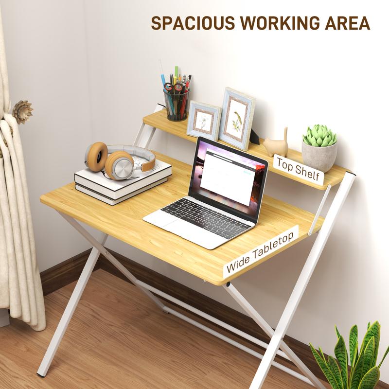 HOMCOM Compact Folding Desk for Small Spaces, Foldable Computer Desk with Storage Shelf for Home Office, 2-Tier Study Writing Table, 86 x 66 x 82 cm, Maple Wood-effect