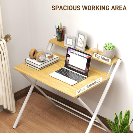 HOMCOM Compact Folding Desk for Small Spaces, Foldable Computer Desk with Storage Shelf for Home Office, 2-Tier Study Writing Table, 86 x 66 x 82 cm, Maple Wood-effect