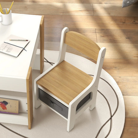 HOMCOM Three-Piece Kids Table and Chair Set with Blackboard, Storage, Bookshelves - Natural Wood