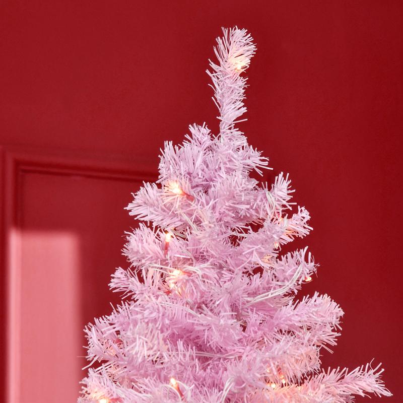 HOMCOM 5FT Tall Prelit Pencil Slim Artificial Christmas Tree with Realistic Branches, Warm White LED Lights and 408 Tips, Xmas Decoration, Pink