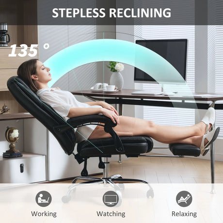 HOMCOM Faux Leather Reclining Office Chair, with Footrest - Black