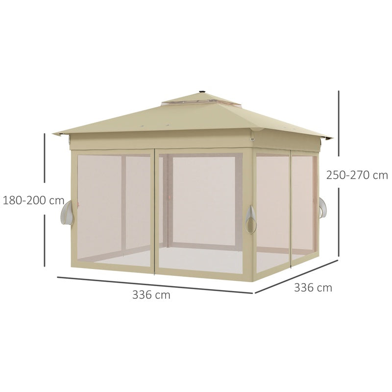 Outsunny 3 x 3(m) Pop Up Gazebo Party Tent with Solar-Powered LED Lights, Adjustable Event Shelter with Netting, Khaki