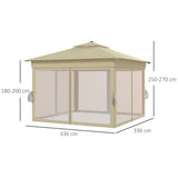 Outsunny 3 x 3(m) Pop Up Gazebo Party Tent with Solar-Powered LED Lights, Adjustable Event Shelter with Netting, Khaki