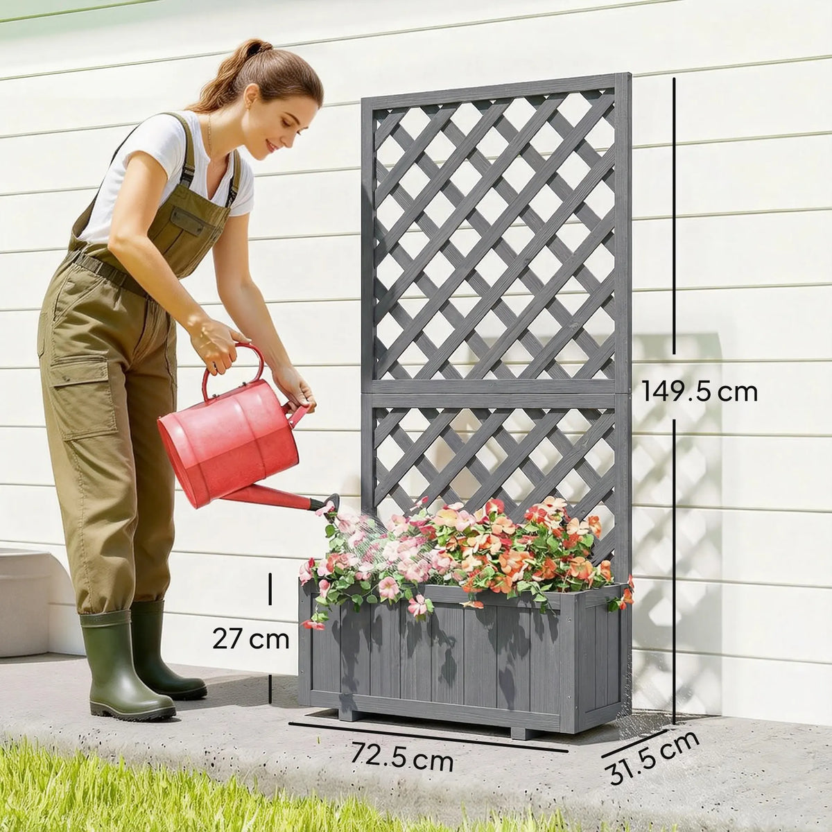 Outsunny Wood Planter with Trellis for Climbing Plants, Raised Bed, Planter Box with Drainage Holes to Grow Herbs Flowers, Grey