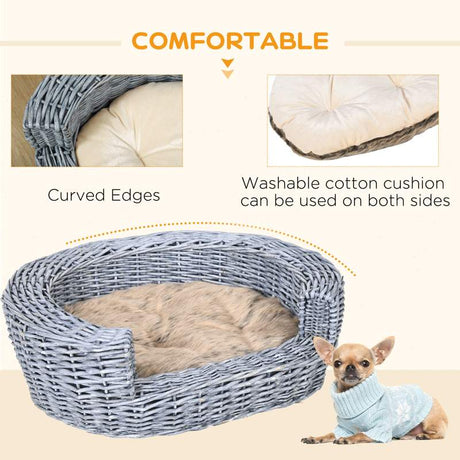 PawHut Wicker Pet Bed Willow Dog Cat Sofa Couch Puppy Basket with Cushion Grey 57L x 46W x 17.5H cm