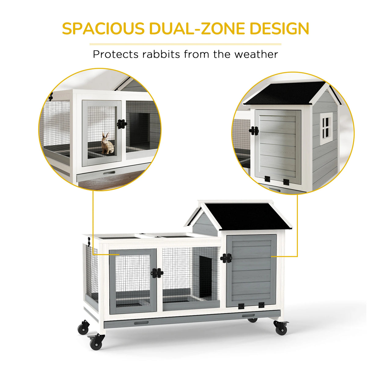 PawHut Wooden Rabbit Hutch, Guinea Pig Cage, with Removable Tray, Wheels - Grey