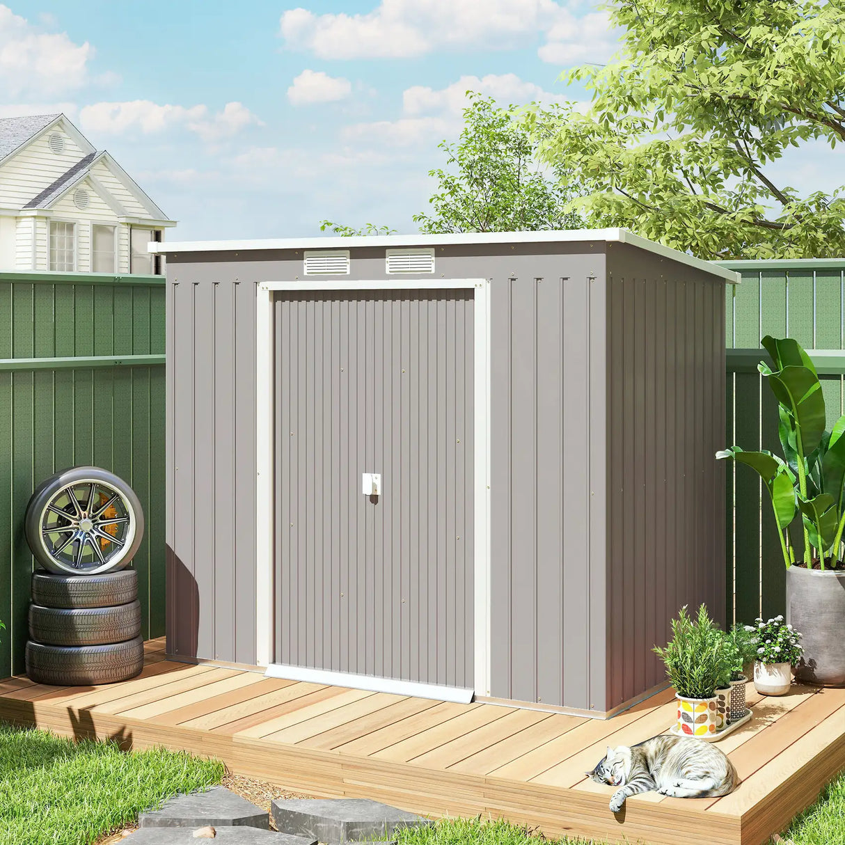 Outsunny 7 x 4 Garden Shed, Galvanised Steel, Metal Lean-to Tool Shed with Foundation Kit, Grey