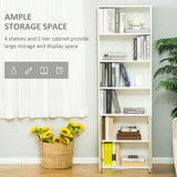 HOMCOM 6-Tier Tall Bookcase, Bookshelf with 4 Open Shelves and Double Door Storage Cabinet, Freestanding Display Rack for Living Room, Bedroom, Home Office, Study, 59 x 29 x 180cm, White and Oak