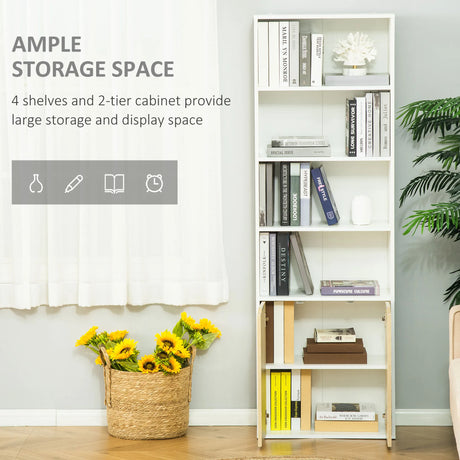 HOMCOM 6-Tier Tall Bookcase, Bookshelf with 4 Open Shelves and Double Door Storage Cabinet, Freestanding Display Rack for Living Room, Bedroom, Home Office, Study, 59 x 29 x 180cm, White and Oak