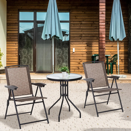 Outsunny 3 Piece Outdoor Bistro Set, Patio Conversation Furniture Set with 2 Folding Backrest Adjustable Armchairs and Glass Top Coffee Table, Brown