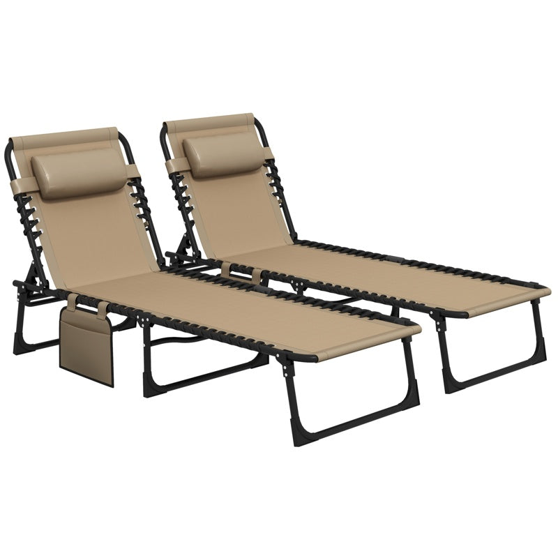 Outsunny Portable Sun Lounger Set of 2, Folding Camping Bed Cot, Reclining Lounge Chair 5-position Adjustable Backrest with Side Pocket, Pillow for Patio Garden Beach Pool, Beige