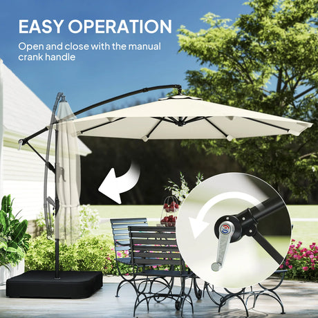 Outsunny 3 m Garden Cantilever Parasol with Cross Base, Sandbag, 360 Rotating Overhanging Banana Umbrella, Cream White