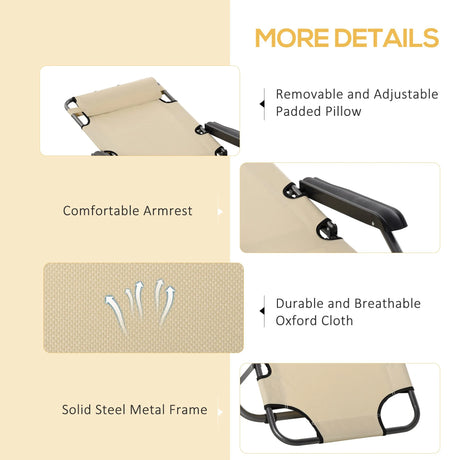 Outsunny 2 in 1 Folding Sun Lounger Reclining Garden Chair Set of 2 with 2-Level Adjustable Backrest, Outdoor Zero Gravity Recliner Garden Chairs with Head Pillow and Armrests, Beige