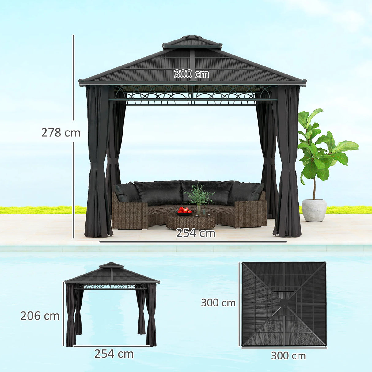 Outsunny 3 x 3 (m) Outdoor Polycarbonate Gazebo, Double Roof Hard Top Gazebo with Galvanised Steel Frame, Nettings & Curtains for Garden, Lawn, Patio and Deck, Dark Grey