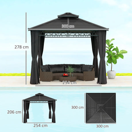 Outsunny 3 x 3 (m) Outdoor Polycarbonate Gazebo, Double Roof Hard Top Gazebo with Galvanised Steel Frame, Nettings & Curtains for Garden, Lawn, Patio and Deck, Dark Grey