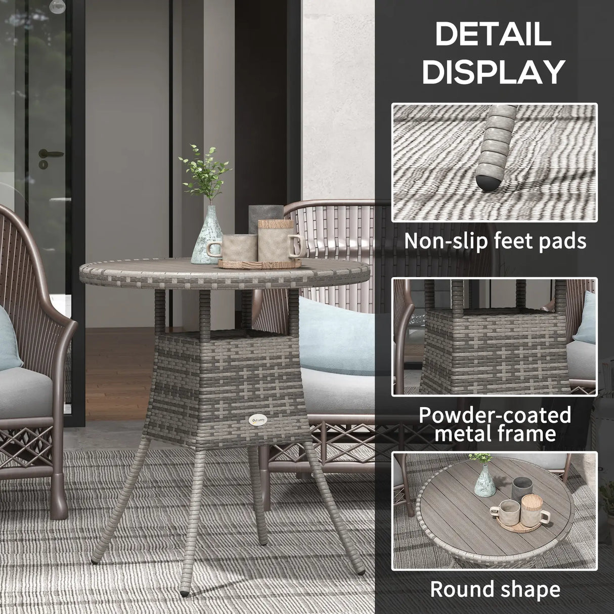 Outsunny 70 cm Wood-Effect Rattan Garden Table - Grey