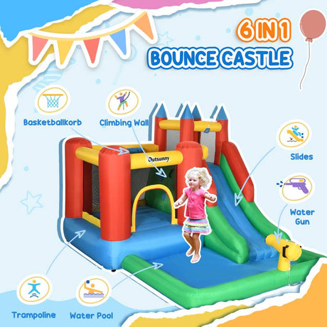 Outsunny Kids Inflatable Bouncy Castle Water Slide 6 in 1 Bounce House Jumping Castle Water Pool Gun Climbing Wall Basketball Hoop with Air Blower for Summer Playland