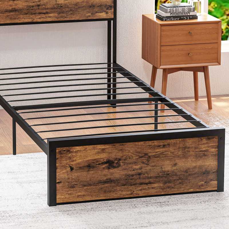 HOMCOM Industrial Single Bed Frame, 3.1FT Steel Bed Base with Storage Headboard, Footboard, Slatted Support and Under Bed Storage, 95 x 209cm, Rustic Brown