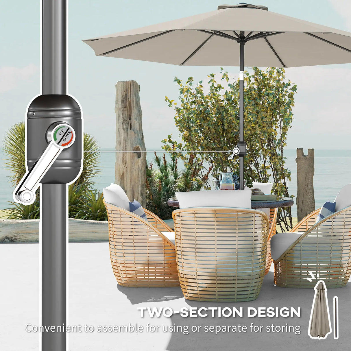 Outsunny 3(m) Tilting Parasol Garden Umbrellas, Outdoor Sun Shade with 8 Ribs, Tilt and Crank Handle for Balcony, Bench, Garden, Light Grey