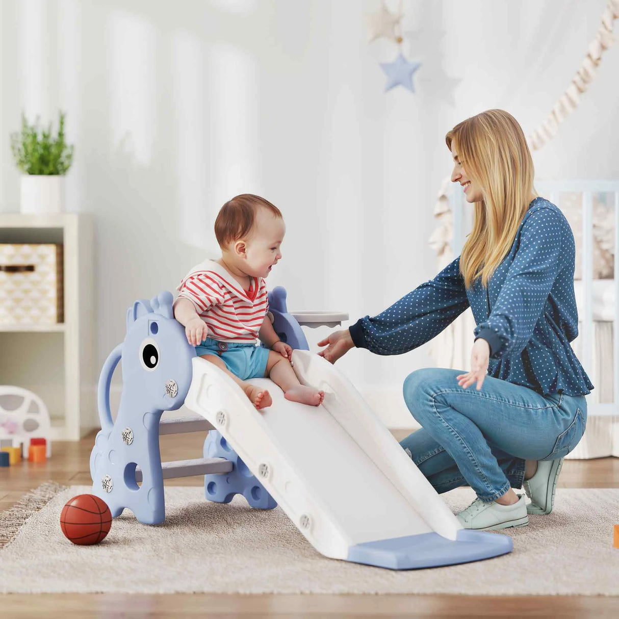 AIYAPLAY 3 in 1 Kids Slide with Climber, Basketball Hoop and Ball, Giraffe Shape Climber Slide for Indoor Kids Age 1-3, Blue