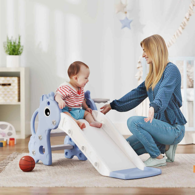 AIYAPLAY 3 in 1 Kids Slide with Climber, Basketball Hoop and Ball, Giraffe Shape Climber Slide for Indoor Kids Age 1-3, Blue