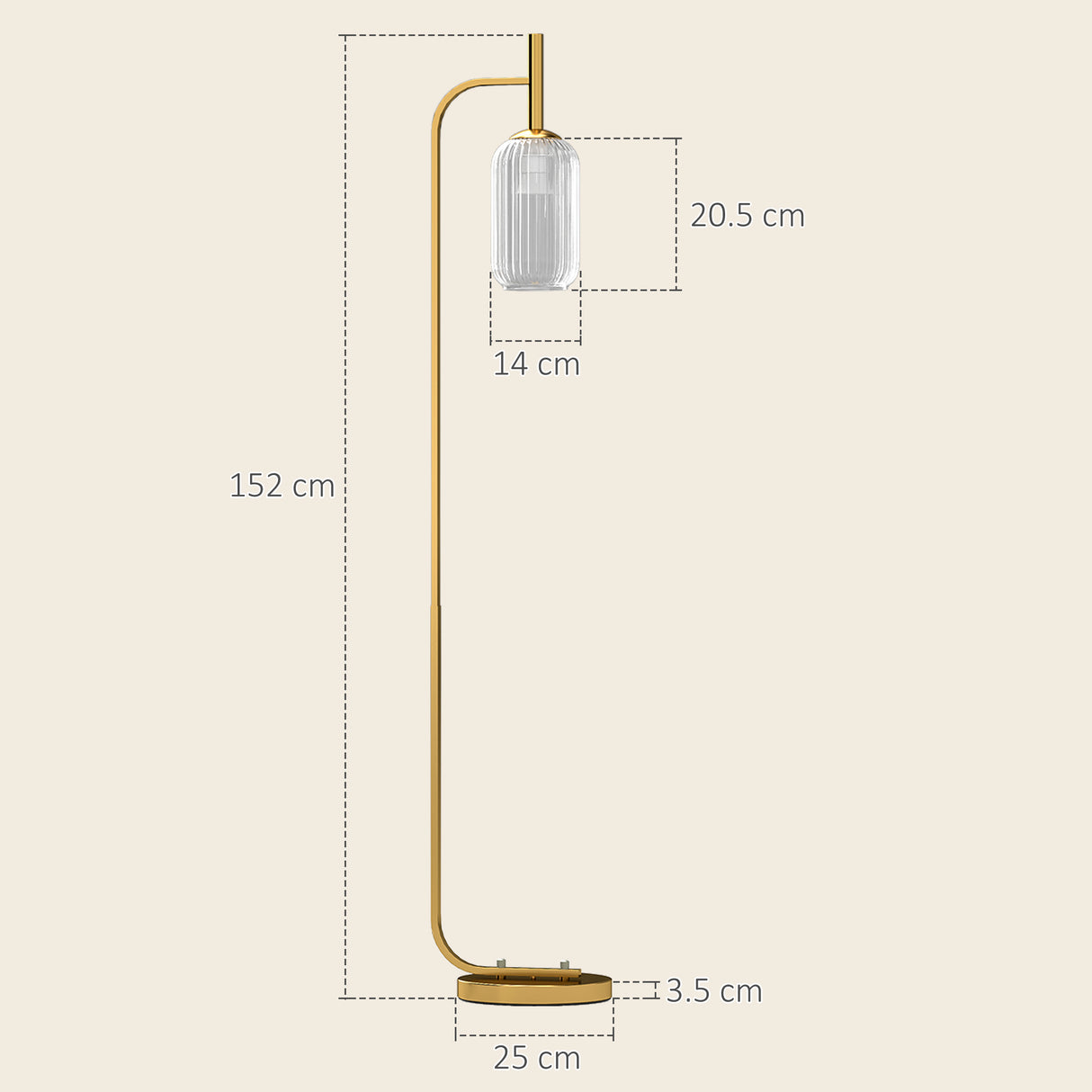 HOMCOM LED Floor Lamp for Living Room with Glass Lampshade, Modern Standing Lamp with Foot Switch, Adjustable Brightness, 2700K for Bedroom, Gold Tone