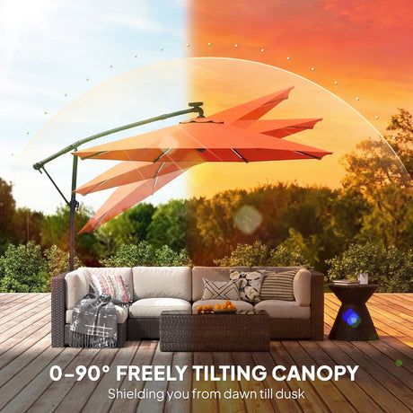Outsunny 3 m Garden Cantilever Parasol with LED Solar Light, Round Overhanging Umbrella with 360 Rotation, Cover, Orange
