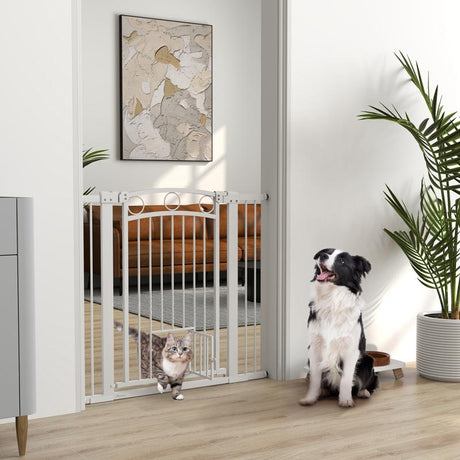 PawHut 96cm Tall Dog Gate with Cat Door, 7cm and 14cm Extensions, for Stairs, Doorways, 76-104cm Width