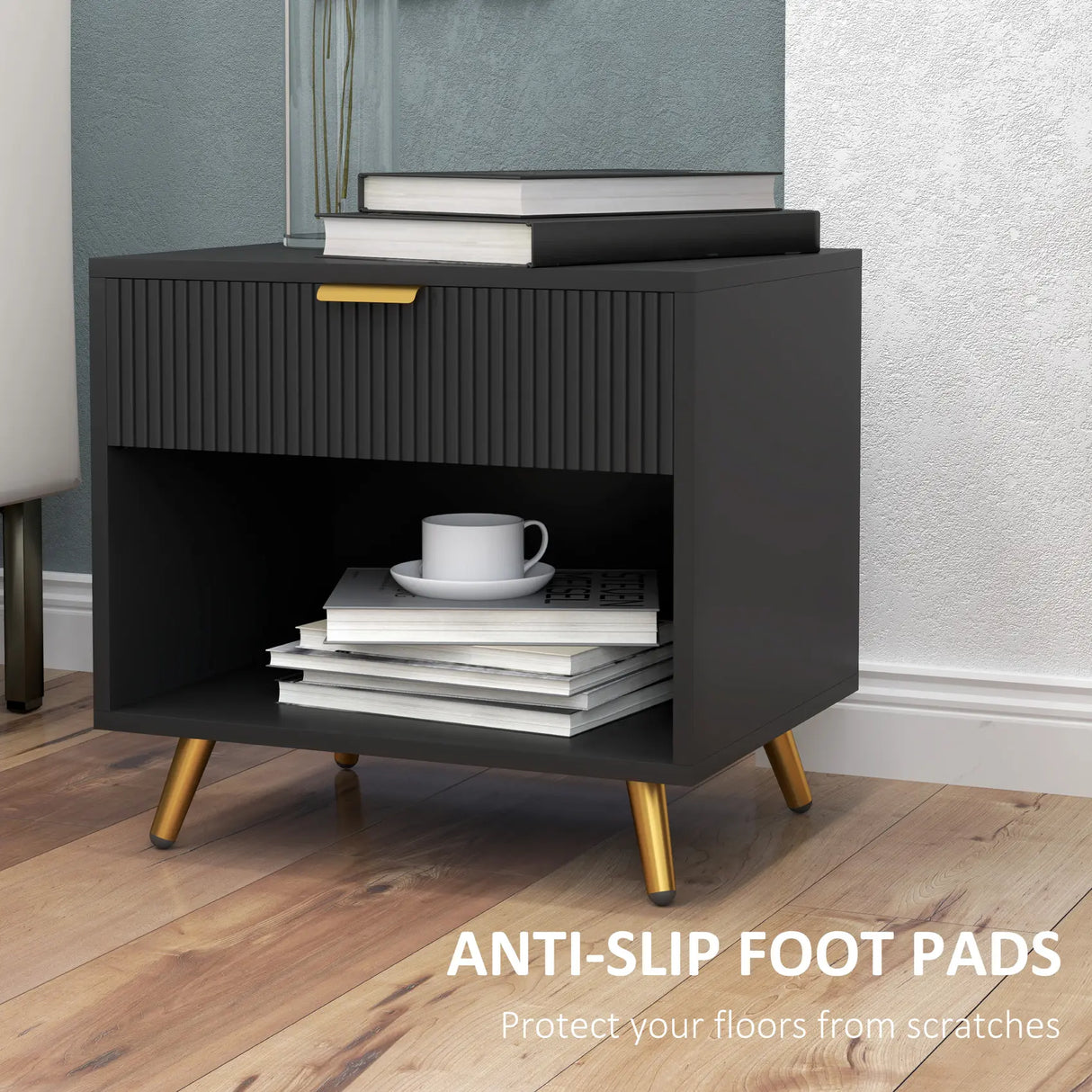 HOMCOM Elegant Bedside Table Set of 2, with Drawer and Shelf - Black/Gold Tone