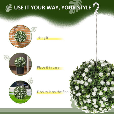 HOMCOM Set of 2 Decorative Artificial Plants, UV-protected Artificial Plant Topiary Rose Balls, Fake Plants for Home Indoor outdoor Decor, 28cm, White