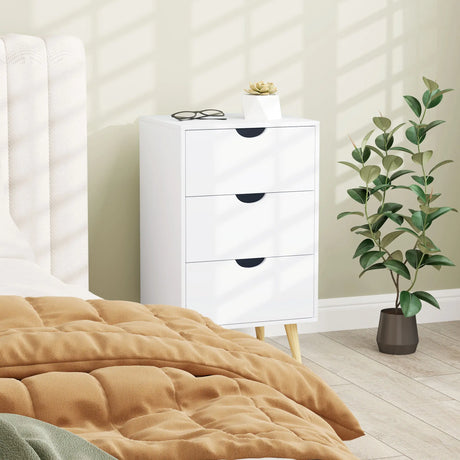 HOMCOM Bedside Table, Bedside Cabinet with 3 Drawers, Side End Table with Pine Wood Legs for Bedroom Living Room, Cream White