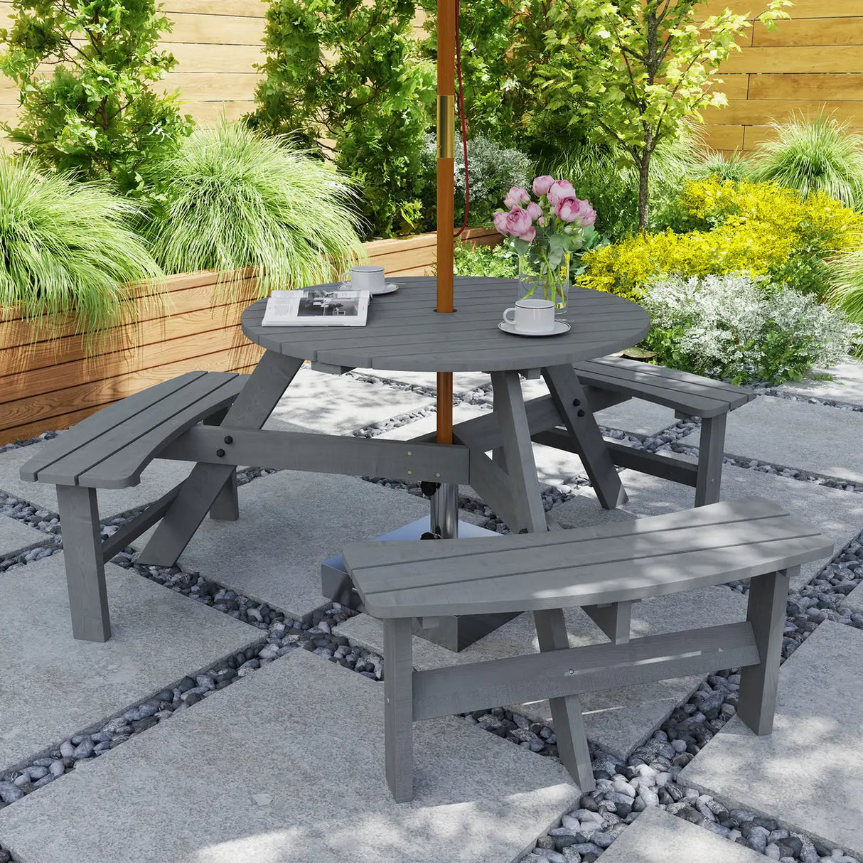 Outsunny 6 Seater Wooden Picnic Table and Garden Benches Set, Round Garden Dining Set with 3 Benches and Umbrella Hole Outdoor Garden Park, Grey