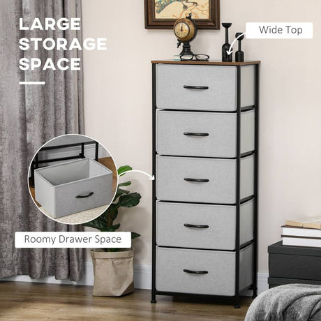 HOMCOM Fabric Chest of Drawers, Storage Drawers, Industrial Bedroom Dresser with 5 Fabric Drawers, Steel Frame and Wooden Top for Nursery, Living Room, Closet, Hallway, Grey