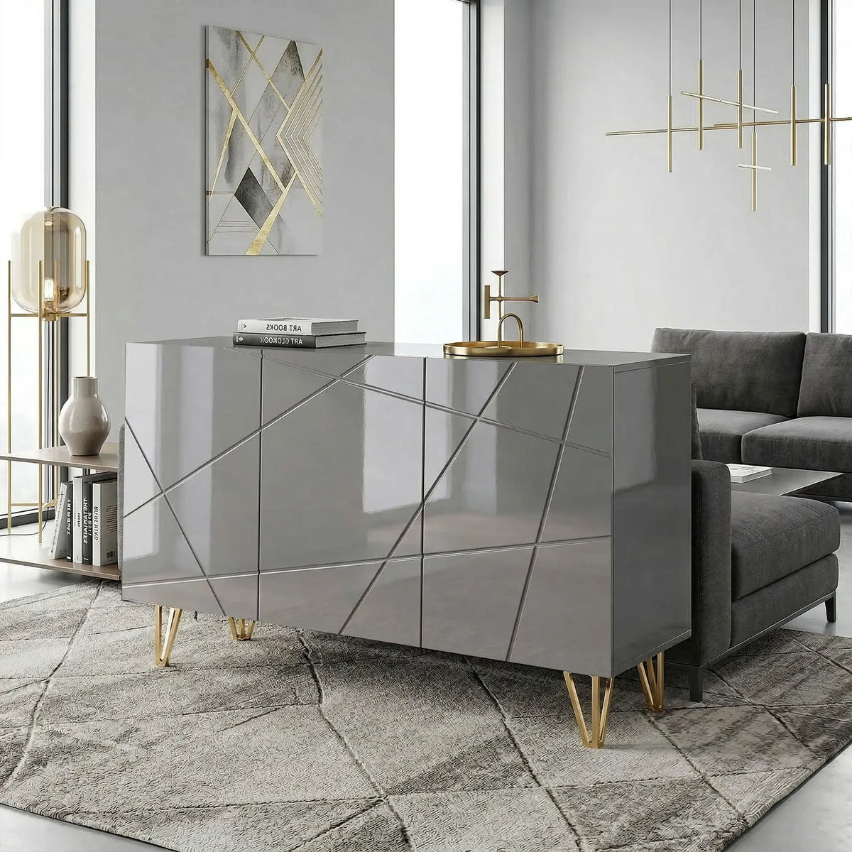 HOMCOM Modern Luxe High Gloss Sideboard, with Hairpin Legs, Grey