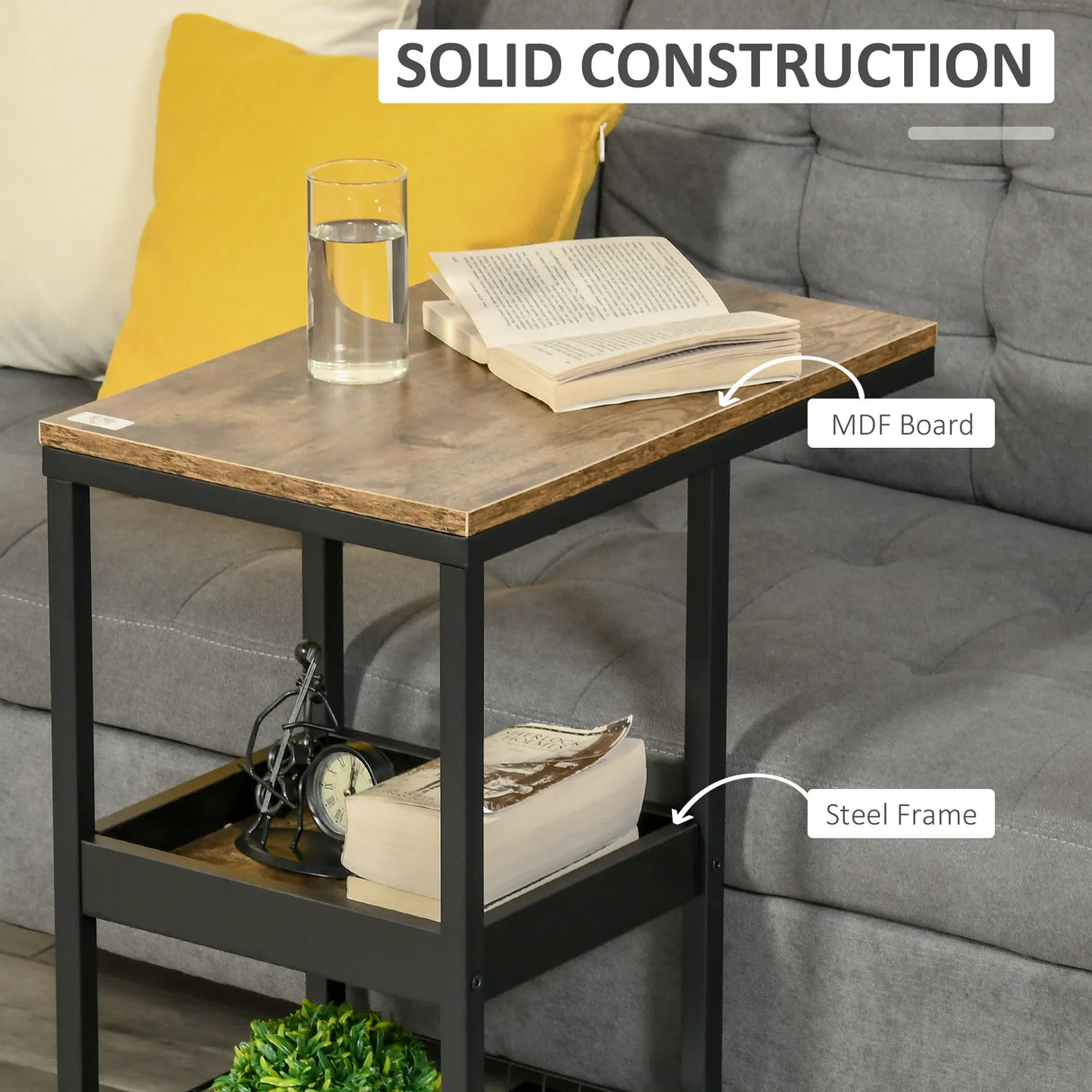 HOMCOM Mobile Sofa Side Table Set of 2, Industrial C-Shaped Rolling Couch Table with 3-Tier Storage Shelving Four Lockable Wheels Steel Frame, Dark Brown