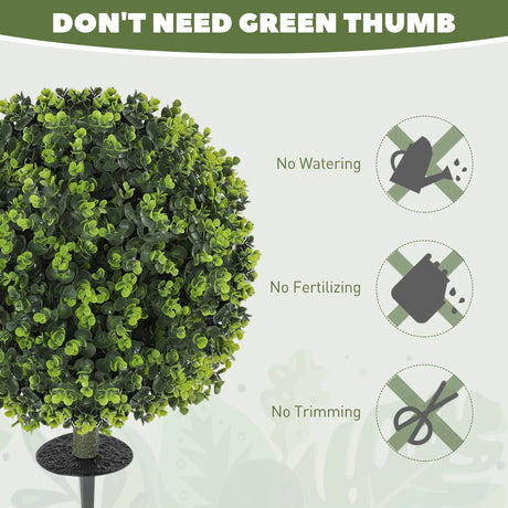 HOMCOM Set of 2 40 cm Artificial Boxwood Topiary Ball Bush with Integrated Ground Stake, Indoor Outdoor UV Resistant Faux Greenery, Faux Plants for Garden, Porch, Balcony