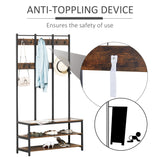 HOMCOM Coat Rack Stand, Free Standing Hall Tree, Coat Stand with Hooks, Bench and Shoe Rack, 100cm x 38.5cm x 185.5cm, Industrial Style, Rustic Brown and Black