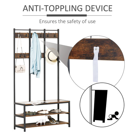 HOMCOM Coat Rack Stand, Free Standing Hall Tree, Coat Stand with Hooks, Bench and Shoe Rack, 100cm x 38.5cm x 185.5cm, Industrial Style, Rustic Brown and Black
