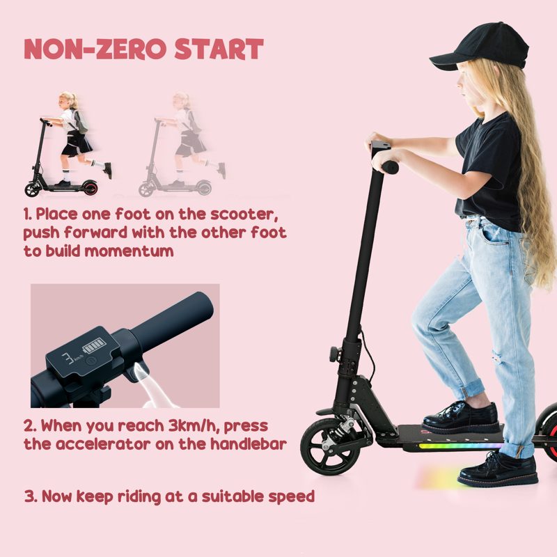 SPORTNOW Folding Electric Scooter for Kids Age 6-14 with Dual Brakes, Front Suspension, LED Colourful Lights and Display, 6.8kg Lightweight Aluminium E Scooter, Up to 14 KM/H & 6 KM, Black