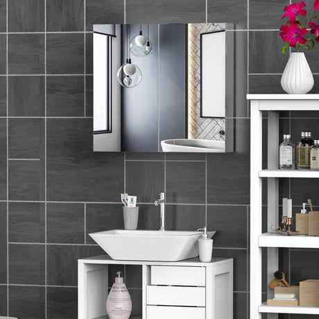 HOMCOM Bathroom Mirror Cabinet, Stainless Steel Wall Mounted  Bathroom Storage Cabinet with Double Doors, 60x55cm