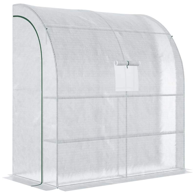 Outsunny Walk-In Lean to Wall Greenhouse with Windows and Doors 2 Tiers 4 Wired Shelves 200L x 100W x 215Hcm White